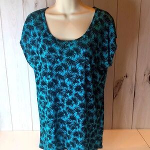 Michael Kors Teal Black Palm Tree Patterned Short Sleeve Top Women’s Small EUC